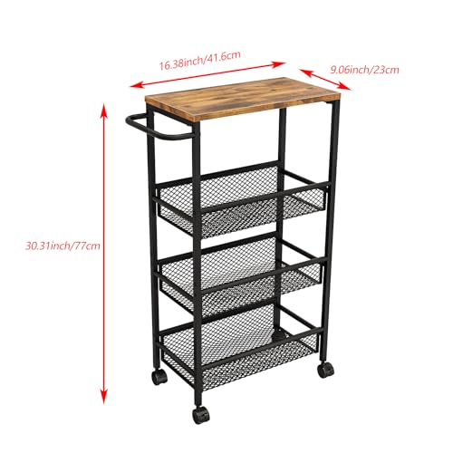 AZERPIAN Slim Rolling Cart 4 Tier Narrow Storage Cart on Wheels with MDF Board Top and Metal Handle for Small Space Kitchen Living Room Bathroom Laundry Room (16.38 x 9.06 x 30.31inch) - size: 16.38 x 9.06 x 30.31 inch