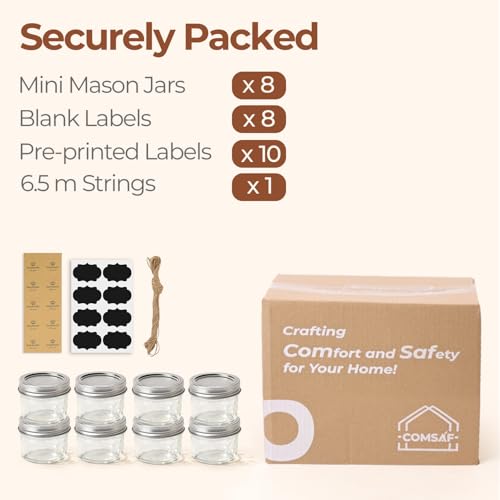 ComSaf Mini Mason Jars 4 oz, 8 Pack Regular Mouth Glass Jars with Lids | BPA-Free Materials, Spice Rack, Small Jam, Honey Samples, Wedding Favors, DIY Candles, Labels and Twine - size: 4oz*8 regular mouth