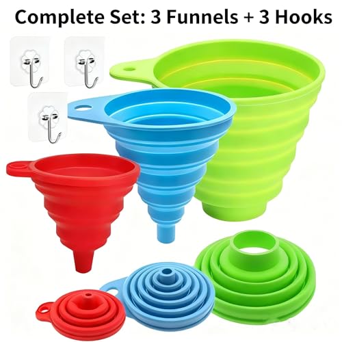 Silicone Collapsible Funnel Set 3 Pack Food Grade Funnels for Filling Bottles, Liquid Powder Transfer Kitchen Funnel with Wall Hooks (3* funnels,wall Hooks* 3)