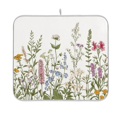 Kcldeci Flower Border Herbs Wild Flowers Plant Dish Drying Mat Kitchen Drying Pad Dish Draining Mat Dish Rack Drainer Pad 18 x 24 - color: Herbs, size: 18x24in