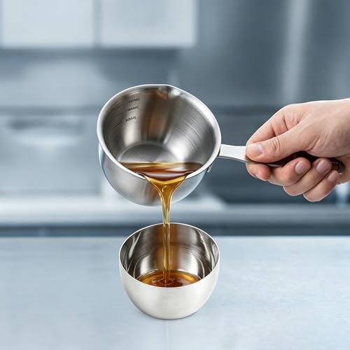 Mini 304 Stainless Steel Oil Ladle with Seasoning Bowl, Small Melting Sauce Pot, Butter Warmer with Pour Spout, Ergonomic Handle, Measuring Scale, for Cooking & Serving