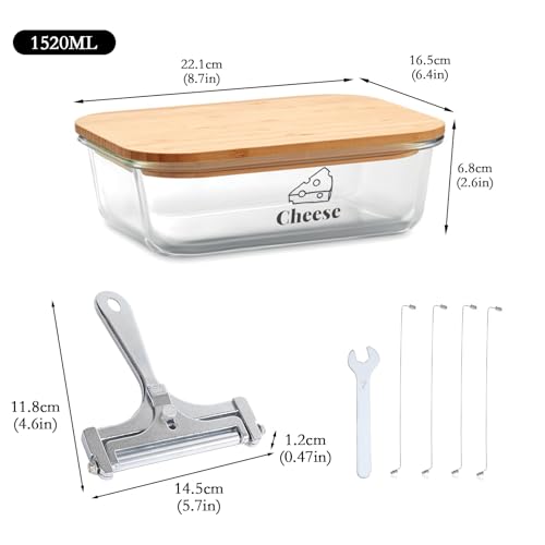 Cheese Container for Refrigerator,Glass cheese slice holder with Wooden Lid&Cheeses Cutter,Lunch Deli Meat Containers for Fridge,BPA-Free Shredded Cream Block Cheeses Storage Box keeper