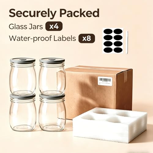Flrolove 4 Pack Glass Canisters with Airtight Lids 28 oz, Glass Storage Containers with Lids, Wide Mouth Mason Jars for Salad, Cookie, Overnight Oats, Canning, Sause, Fermentation, Pickling Jars