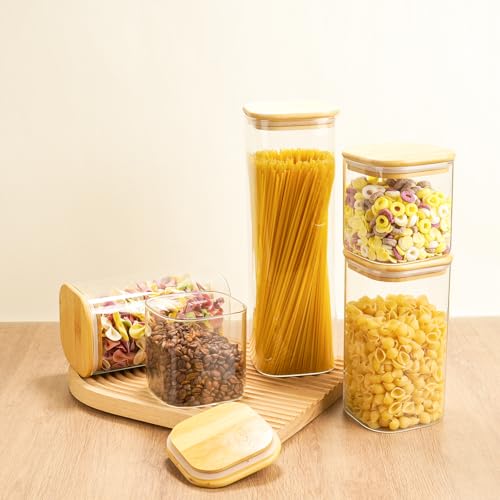 Glass Spaghetti Pasta Storage Container - 5 Pack Airtight Food Storage Jar Set with Bamboo Lid Labels - Square Kitchen Pantry Canister Organizers for Cookies Candy Coffee Bean Sugar Tea Spice Flour - size: 82oz*1/48oz*2/24oz*2