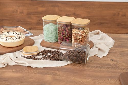 D2scrma 37oz Airtight Glass Square Storage Canister with Bamboo Lid Set of 4 (1100ml) Container Stackable Jar, Kitchen Canister for Pantry Noodles, Flour and Coffee beans (with Black Lable) - size: 37oz*4