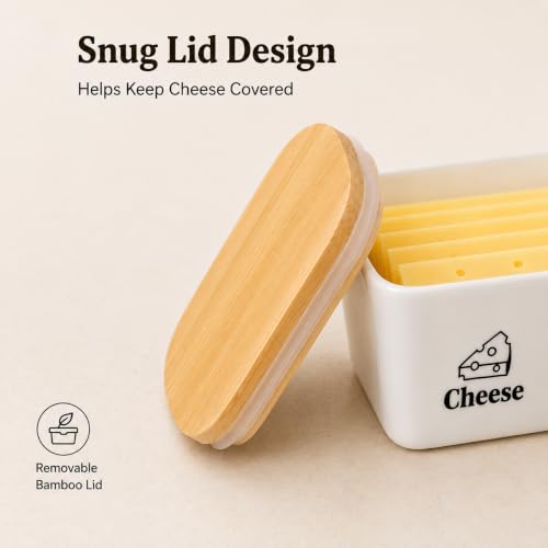 Cheese Container for Refrigerator, Ceramic Cheese Keeper with Airtight Bamboo Lid, Lunch Deli Meat Containers for Fridge,Shredded Cream Block Sliced,Grated,Cheddar Cheeses Storage Box Saver keeper