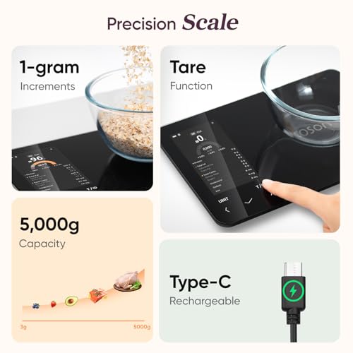 Cosori Smart Food Scale with Nutritional Calculator, USB Rechargeable, 11lb | AI Food Scan, Barcode Scan, 50 Food Preload, Free APP with 19 Nutrients, Calorie & Macro Tracking for Weight Loss