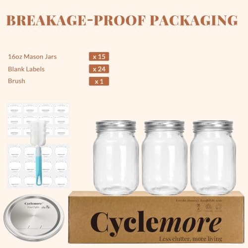 CycleMore 16 oz Mason Jars With Airtight Lids and Brands 15 Pack Glass Canning Jars with Regular Mouth, Pint Clear Glass Jar For DIY Projects, Food Storage and Fermenting with Brush & 24 Labels - size: 16oz - 15 Pack