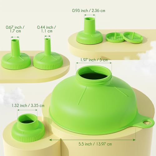Pisol Wide Mouth Versatile Funnel, Canning Funnels for Kitchen Use, Plastic Cooking Funnel Set with 4 Size Spouts and 2 Strainers for Filling Different Bottles, Green