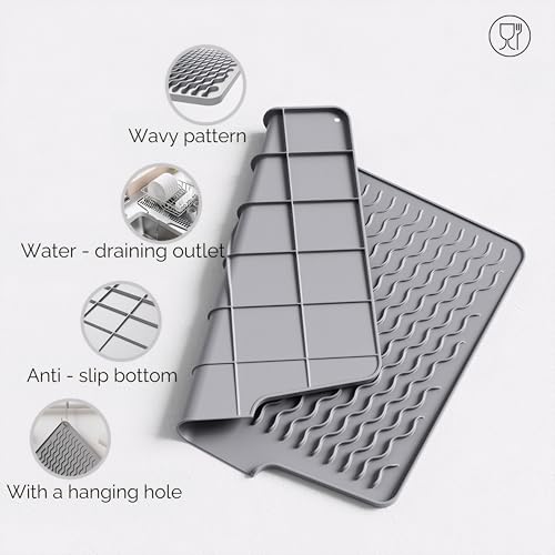 Silicone Dish Drying Mat for kitchen Countertop, Heat Resistant Mats, Dish Drainers for Kitchen counter, Hot Pot Holders, Dish Drying Rack with Built in Drain,(Gray, 15.6"x13") - color: Gray