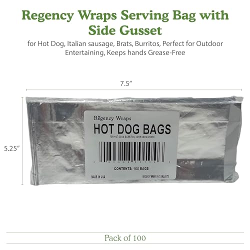 Regency Wraps Grease Resistant Serving Snack Bags, Foil-Lined Bags to Retain Heat, Perfect for Hot Dogs, Burritos, and More, 8.25” x 3.5” x 1.4" (Pack of 100) - size: Pack of 100, style: Hot Dog Bag