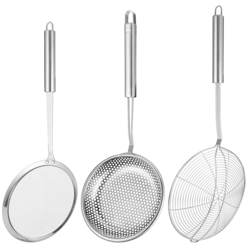 3 PCS Stainless Steel Spider Strainer Set, Long Handle Wire Skimmer Spoon and Fine Mesh Sieves, 304 Steel Kitchen Oil Frying Scoop, Noodle Pasta Strainer for Cooking, Hanging Loop