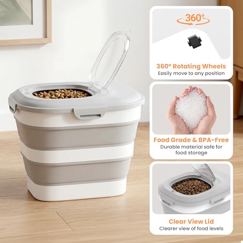 28 Lbs Dog Food Storage Container with Wheels, Collapsible Pet Food Storage Container with Clear Window, Measuring Cup & Scoop, BPA Free Cat Food Container for Rice, Flour, Grain, Bird Seed - color: Grey/28lbs