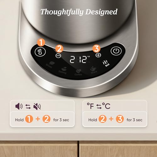 Cosori Stainless Steel Electric Kettle with Temperature Control, 1.7L | No Plastic Contact with Water, 5 Presets, ±5°F Temp Control, 60-Min Keep Warm, Dual Lid Opening, Tea, Coffee & Hot Water