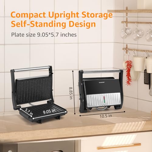 Panini Press Grill, Aigostar 1000W Sandwich Maker with Ceramic Non-stick Plates, Opens 180 Degrees for Any Size Food, 3-in-1 Sandwich Press Electric Grill, Drip Spout & Locking Lid, Sliver - color: Black