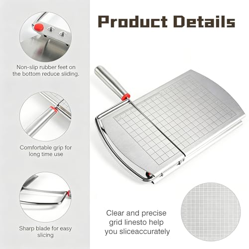 Stainless steel cheese slicer, metal cheese knife, and cutting board with measurements—perfect for slicing block cheese