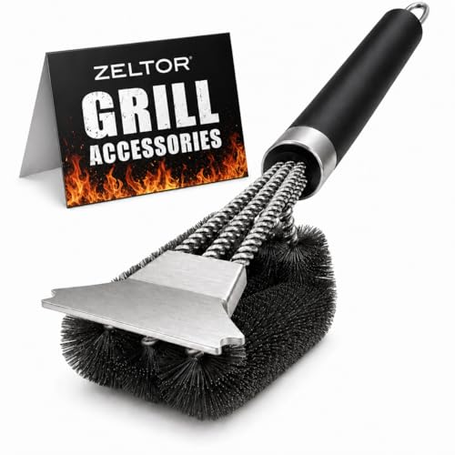 Grill Cleaning Brush with Scraper, Stainless Steel BBQ Grill Cleaner for Outdoor Barbecue Grates, Heavy Duty Grill Brush for Gas Grill, Charcoal Grill, Smoker, Cast Iron, Ceramic and Porcelain Grates
