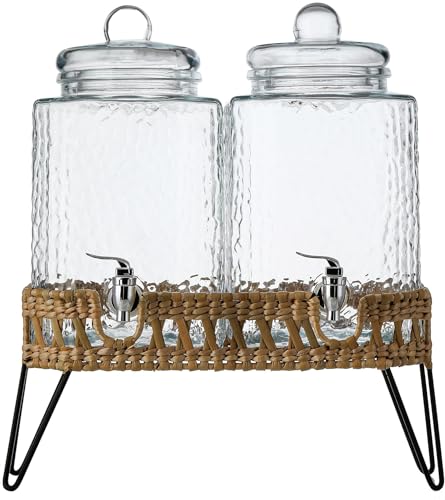 Beverage Dispensers - Set of 2 Glass Drink Dispensers with Metel Stand - 1.5-Gallon Capacity - Perfect for Lemonade, Juice, Water, Iced Tea, Punch (Wicker Design-Clear) - color: Wicker Design-Clear