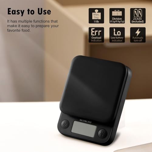 Food Scale Kitchen Scale Weight Grams and Ounces Small Digital Scale for Weight Loss Baking Cooking Coffee of NUTRI FIT, Max 11lb 0.5g Increment, LCD Smart Tare, Easy to Use for Travel, AAA Battery - color: Classic Black