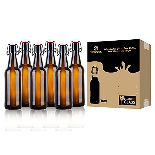 YEBODA 16 oz Amber Glass Beer Bottles for Home Brewing with Flip Caps, Case of 6