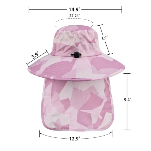 Sun Hats for Men Women Fishing Hat UPF 50+ Breathable Wide Brim Bucket Hats Summer UV Protection Safari Hat with Neck Flap - color: Camo Pink
