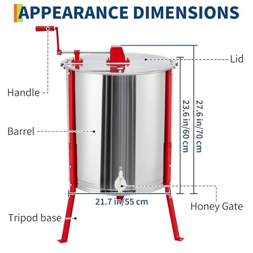Large 4 Frame Manual Honey Extractor, Stainless Steel Beekeeping Equipment with Adjustable Legs & Clear View Lid, Food Grade Honey Spinner for Beekeepers