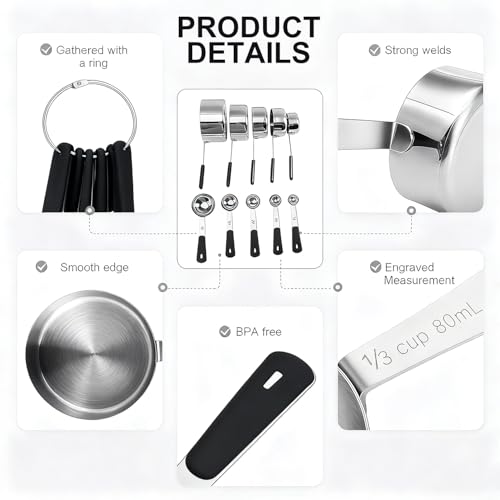 Bopei Measuring Cups and Spoons Set Stainless Steel 10 Piece for Cooking and Baking (5 Cups + 5 Spoons, Black Handle) - color: Black