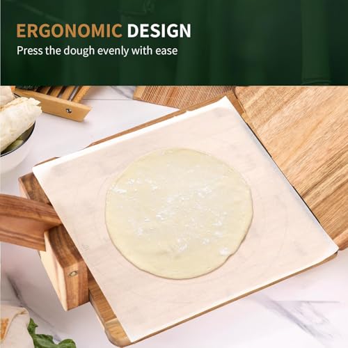 Wooden Tortilla Press with 50pcs Parchment Paper & Stainless Steel Dough Scraper, Large Mexican Square Flour Tortillera Presser Homemade for Tortillas Roti Burrito, Tacos, Pataconera, 8 inch