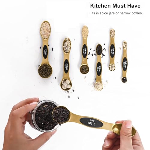 Magnetic Measuring Spoons Set Stainless Steel with Leveler, Stackable Metal Tablespoon Measure Spoon for Baking, Measuring Cups and Spoon Set Kitchen Gadgets Apartment Essentials Fits - color: Gold