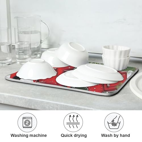 Christmas Red Truck Snowman Dish Drying Mat 18x24 for Kitchen Winter Xmas Tree Snowflake Cardinal Bird Dishes Pad Dish Drainer Rack Mats Absorbent Fast Dry Kitchen Accessories