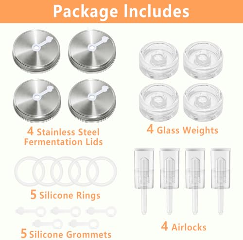Fermentation Kit for Wide Mouth Mason Jars 8- Complete Pickling & Sauerkraut Set with Glass Weight, Stainless Steel Lid, Air Lock Valve, Silicone Seals (Jar Not Included)