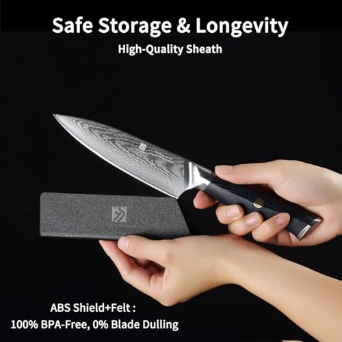 Utility Knife,5.5inch Damascus knife,67-Layer High Carbon Stainless Steel Kitchen Knife,Professiona Sharp Cutting Knives with Ergonomic Blue G10 Handle,Gift Box for Home and Kitchen Birthday Gift - style: 13C pro Utility Knife(Blue Black)