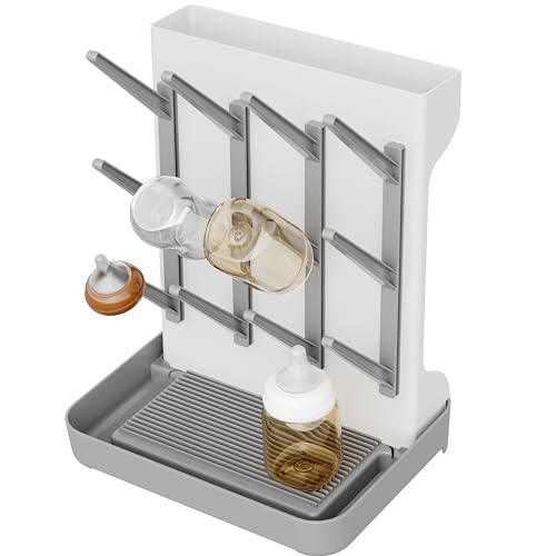 IEEK Baby Bottle Drying Rack,Large Vertical Drying Tower Bottle Rack Holder Space Saving Standing Drying Rack for Countertop-Holds 12 Baby Bottles and Cup,Etachable Travel Bottle Rack,Grey and White