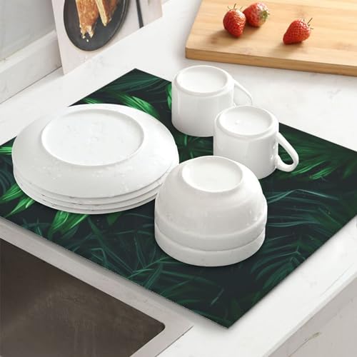 Green Tropical Jungle Plant Print Dish Drying Mat for Kitchen Counter Ultra Absorbent Microfiber Dishes Drainer Mats Washable Drying Pads for Sinks 16 x 18 In - color: Green Tropical Jungle Plant