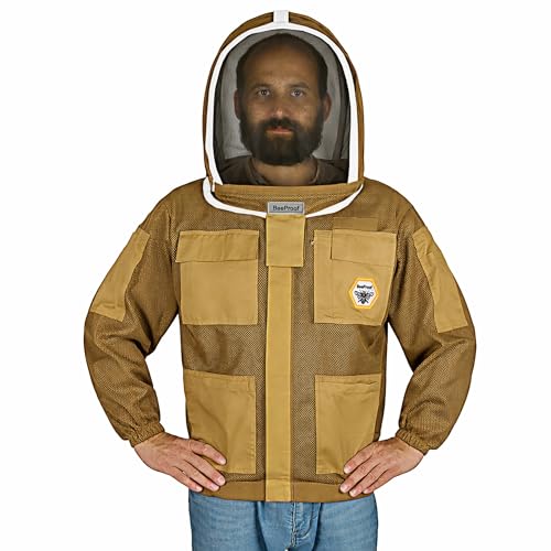 Bee Jacket Mesh Ventilation for Professional Beekeeper's Total Protection - Light Weight - YKK Zipper with Carring Bag 2 Veil Options (Fencing & Round) BP-401 (Brown - 5XL) - color: Brown, size: 5XL