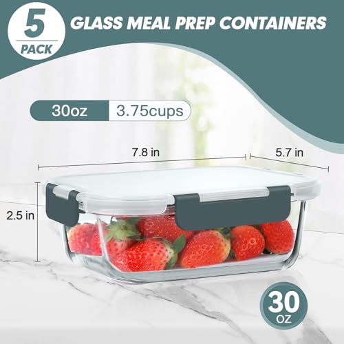 KOMUEE 30 oz 5 Pack Glass Meal Prep Containers, Glass Storage Containers with Lids - Dishwahser, Microwave, Oven and Freezer Safe - color: Gray