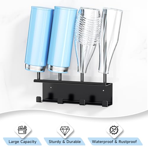 Wall Mounted Water Bottle Drying Rack with Lid & Straw Organizer, Metal Tumbler and Cup Dryer Stand, Space-Saving Drying and Storage Rack for Tumbler, Bottles, Baby Bottle & Glass (Black)