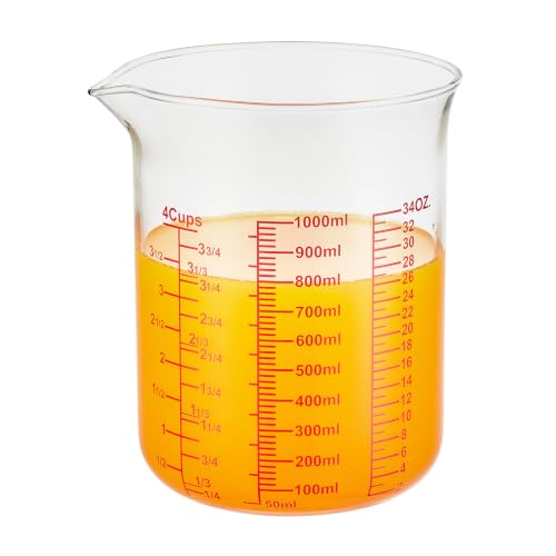 High Borosilicate Glass Measuring Cup-V-Shaped Spout,Glass Measuring Beaker for Kitchen or Restaurant, Easy to Read, 1000 ML (32 Oz, 4Cup) - size: 4Cup,1000ML