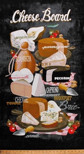 FlashPhoenix Quality Sewing Fabric – 23.5 x 44" Panel Cheese Board Fancy Cheeses Food Black 100% Cotton Fabric