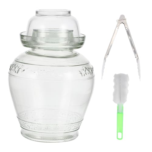 Airtight Glass Pickle Jar 5lb Household Food Storage Container with Water Seal Lid, Thickened Glass Fermentation Crock Set Including Inner Lid, Brush, and Tongs for Kitchen