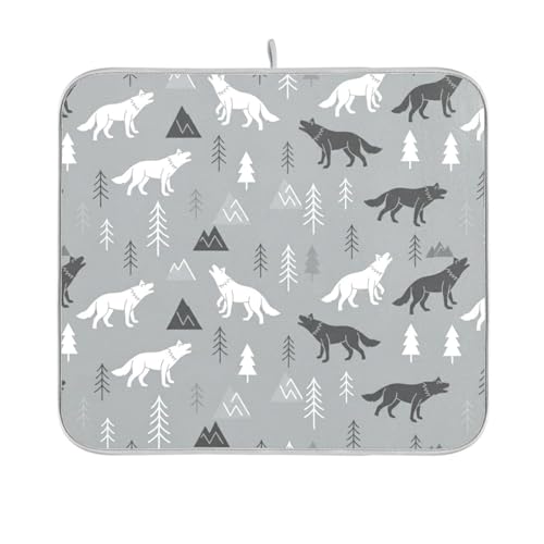Wolves Tree Gray Dish Drying Mat for Kitchen Counter Super Absorbent Draining Mat with Non-slip Backed Dish Rack Pad for Draining Racks Countertops Sinks Dish Bottles Cups Bowl
