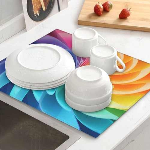 Rainbow Dynamic Print Dish Drying Mat for Kitchen Counter Ultra Absorbent Microfiber Dishes Drainer Mats Washable Drying Pads for Sinks 16 x 18 In - color: Rainbow Dynamic