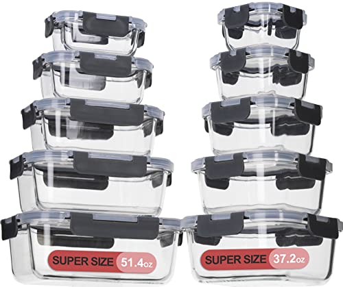 coccot Glass Food Storage Containers with Lids Airtight, Glass Meal Prep Containers for Lunch Food, Container Set, Easy to Open& Close/Microwave,Oven,Freezer,Dishwasher Safe/Leak-Proof(20 Pieces) - color: clear