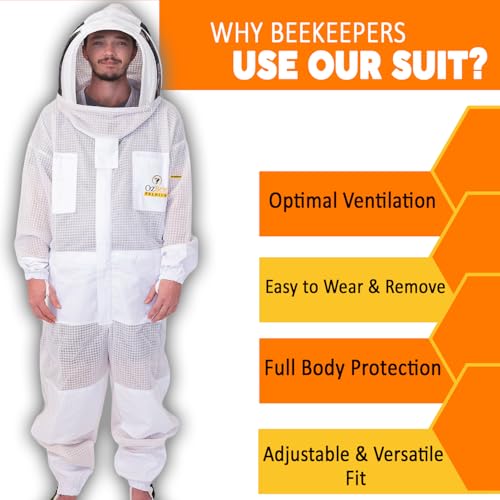 OZBEE 3 Layer Ventilated Beekeeping Suit with Fencing & Round Veil, Goatskin Leather Gloves, Protective Bee Suit - size: X-Large