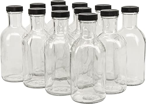 North Mountain Supply 16 Ounce Glass Stout Sauce Bottle - with 38mm Black Plastic Lids - Case of 12