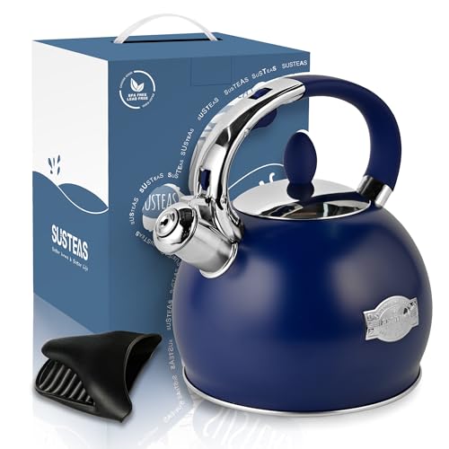 SUSTEAS Stove Top Whistling Tea Kettle - Food Grade Stainless Steel Teakettle Teapot with Cool Touch Ergonomic Handle, With 1 Silicone Pinch Mitt Included, 2.64 Quart,NAVY BLUE - color: Navy Blue