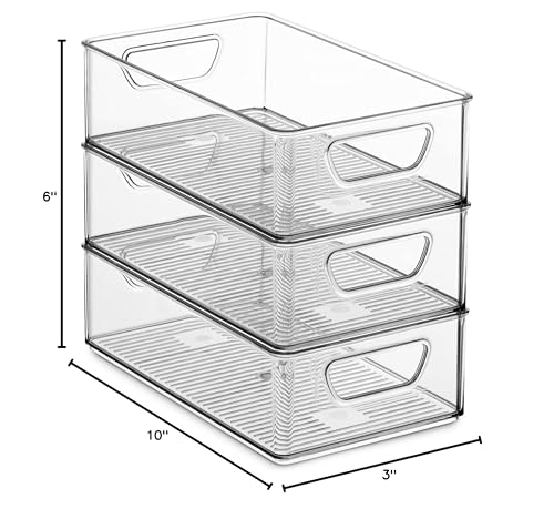 Set Of 6 Refrigerator Organizer Bins - Stackable Fridge Organizers with Cutout Handles for Freezer, Kitchen, Countertops, Cabinets - Clear Plastic Pantry Food Storage Rack