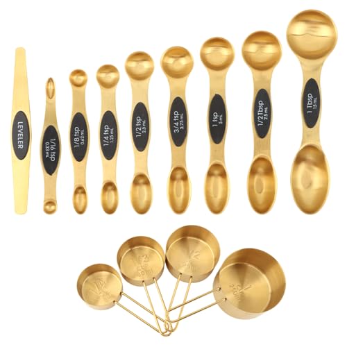 Gold Measuring Cups and Spoons, 13 Piece Stainless Steel | Double-sided design with engraved sizes, narrow end for spice jars, plus leveler for dry ingredients