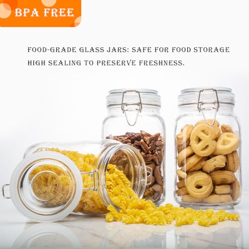 50oz Square Glass Food Storage Jars with Airtight Clamp Lids, 3 Pack Large Kitchen Canisters for Flour, Cereal, Coffee, Pasta and Canning, Mason Jar (Clear 50oz Square - 3 sets) - color: Clear 50oz Square - 3 sets