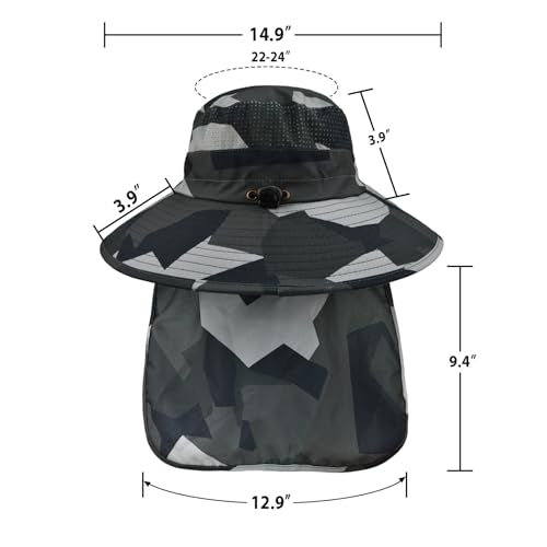 Sun Hats for Men Women Fishing Hat UPF 50+ Breathable Wide Brim Bucket Hats Summer UV Protection Safari Hat with Neck Flap - color: Camo Dark Grey